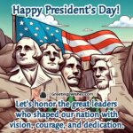 A patriotic President’s Day image featuring the American flag, a bright morning sky, and artistic representations of great U.S. leaders. The text honors their vision, courage, and dedication.