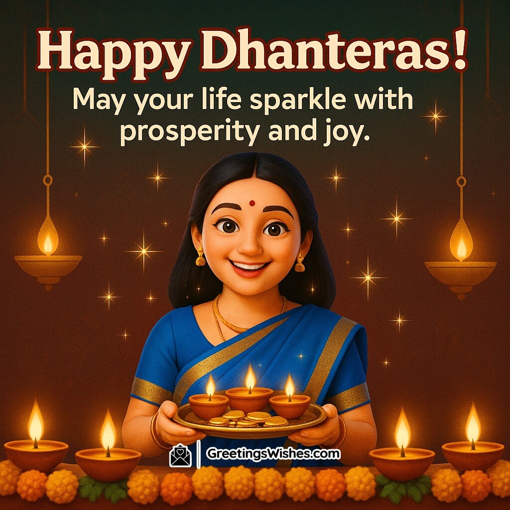Happy Dhanteras image featuring a joyful woman in a royal blue saree holding a plate of diyas and gold coins before a maroon festive wall, symbolizing prosperity, light, and celebration.