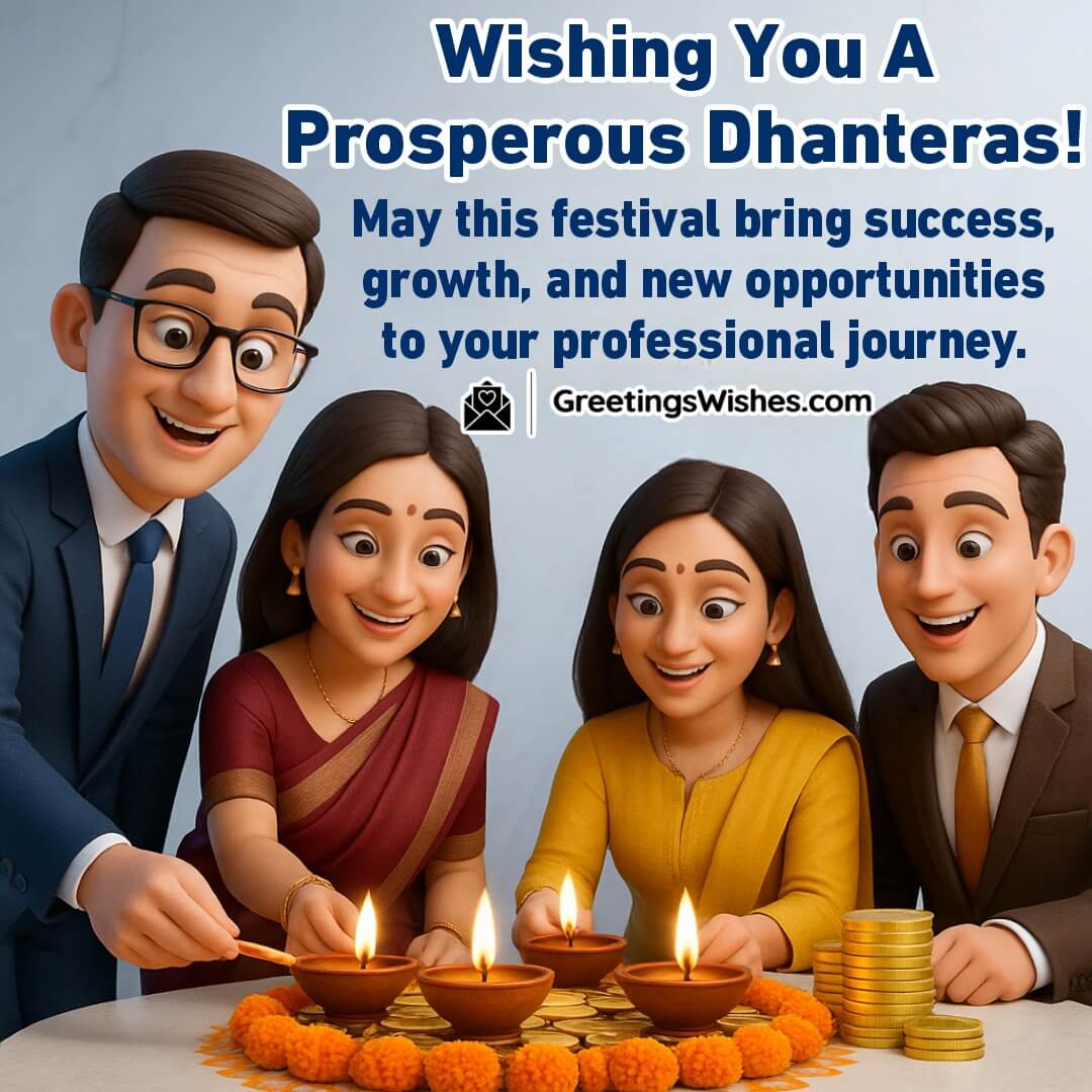 Happy Dhanteras image featuring office colleagues lighting diyas on a decorated desk with golden ornaments and flowers, symbolizing success, teamwork, and prosperity.