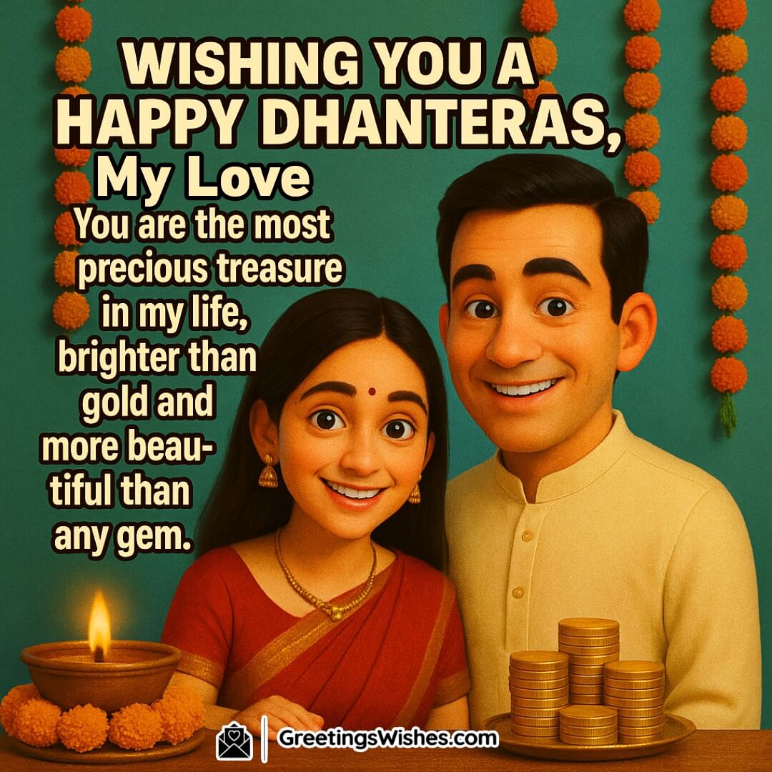 Happy Dhanteras image featuring a romantic couple celebrating together with diyas, gold coins, and marigold garlands, symbolizing love, blessings, and the beauty of togetherness.