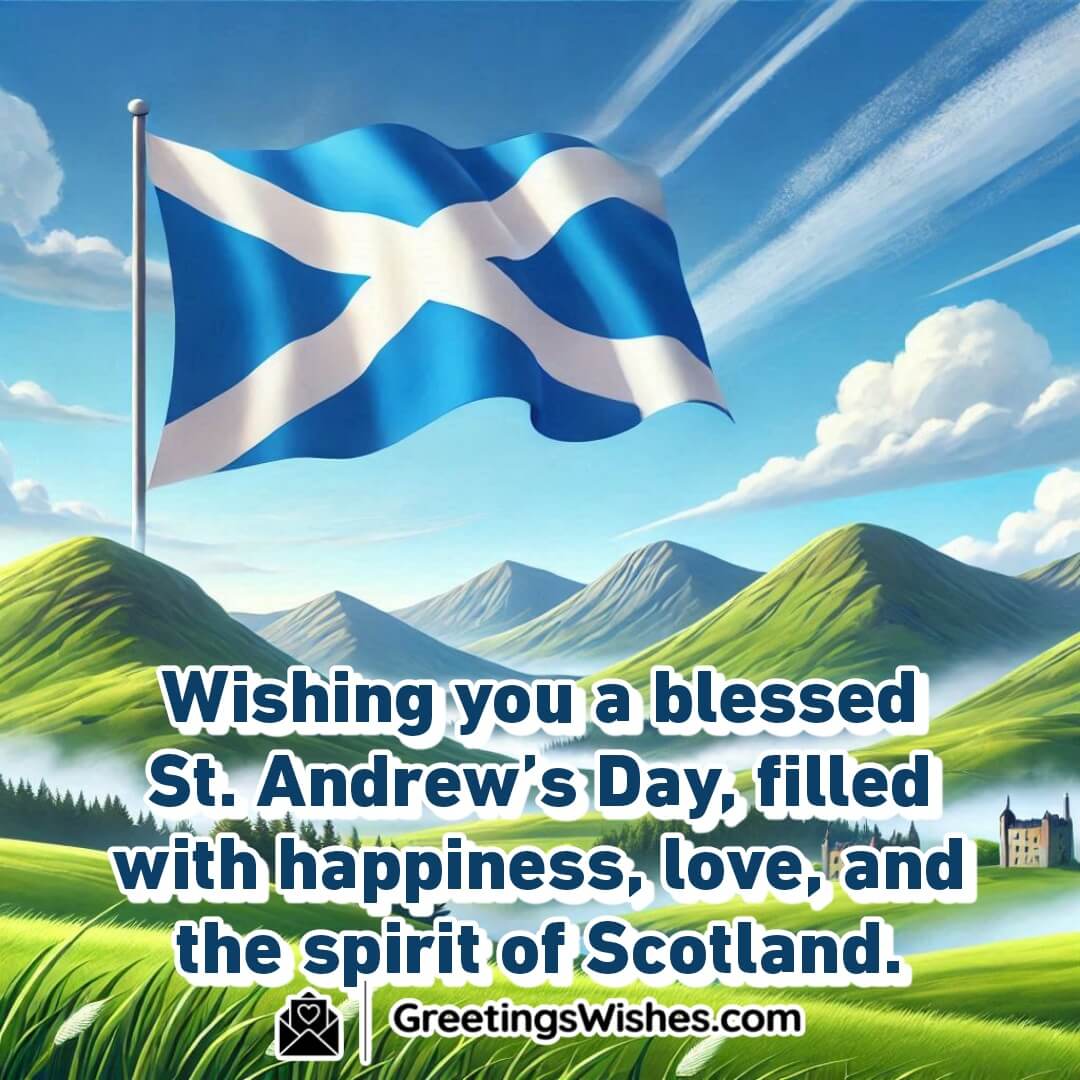 Scotland’s Highlands with the St. Andrew’s cross flag waving, bright skies, and space for St. Andrew’s Day text.
