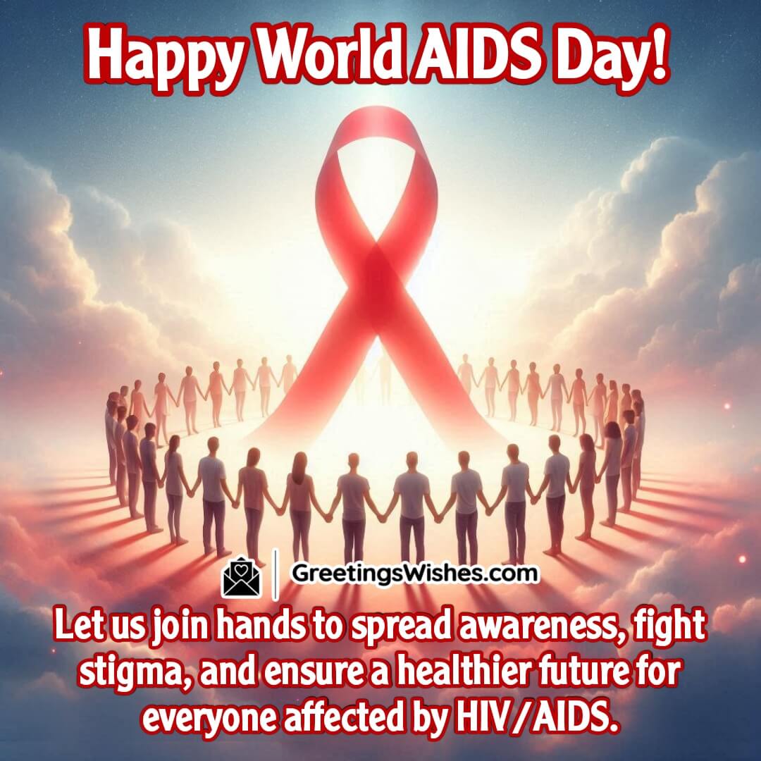A circle of hands with a glowing red ribbon at the center, symbolizing unity and awareness for HIV/AIDS.