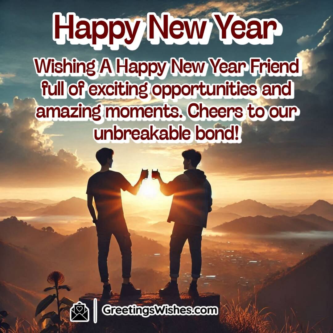 Two friends on a scenic hilltop at sunrise, celebrating New Year with joy and togetherness.