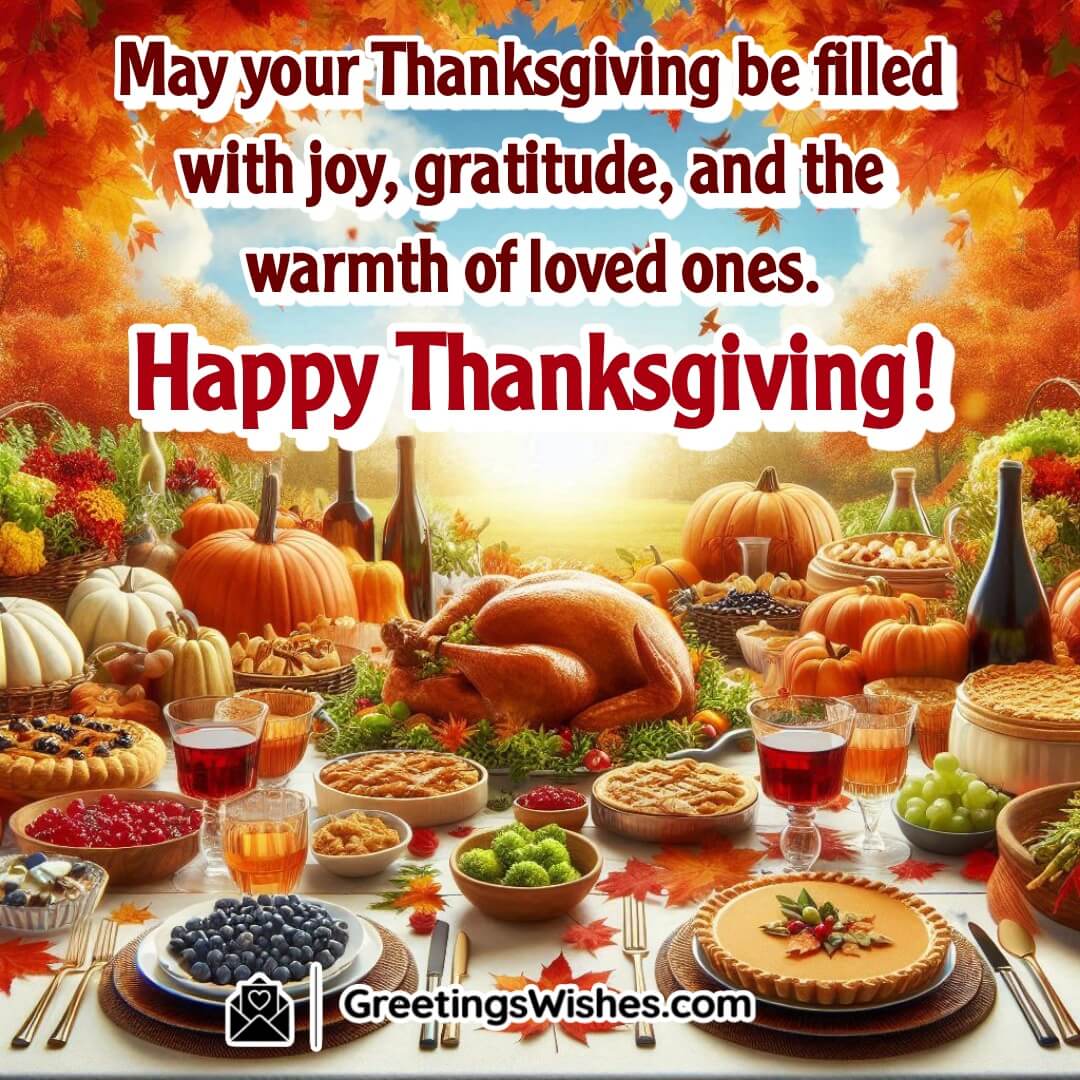 An outdoor Thanksgiving feast with a large spread of food, autumn leaves, and ample space for text.