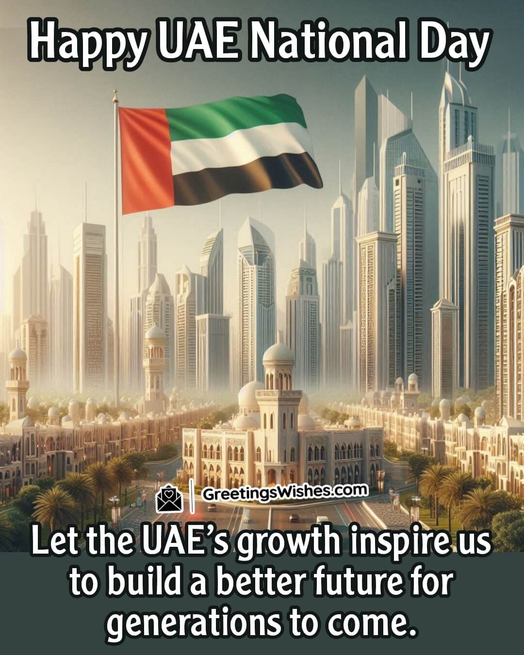 The UAE skyline with symbols of growth, and a National Day message to build a better future.