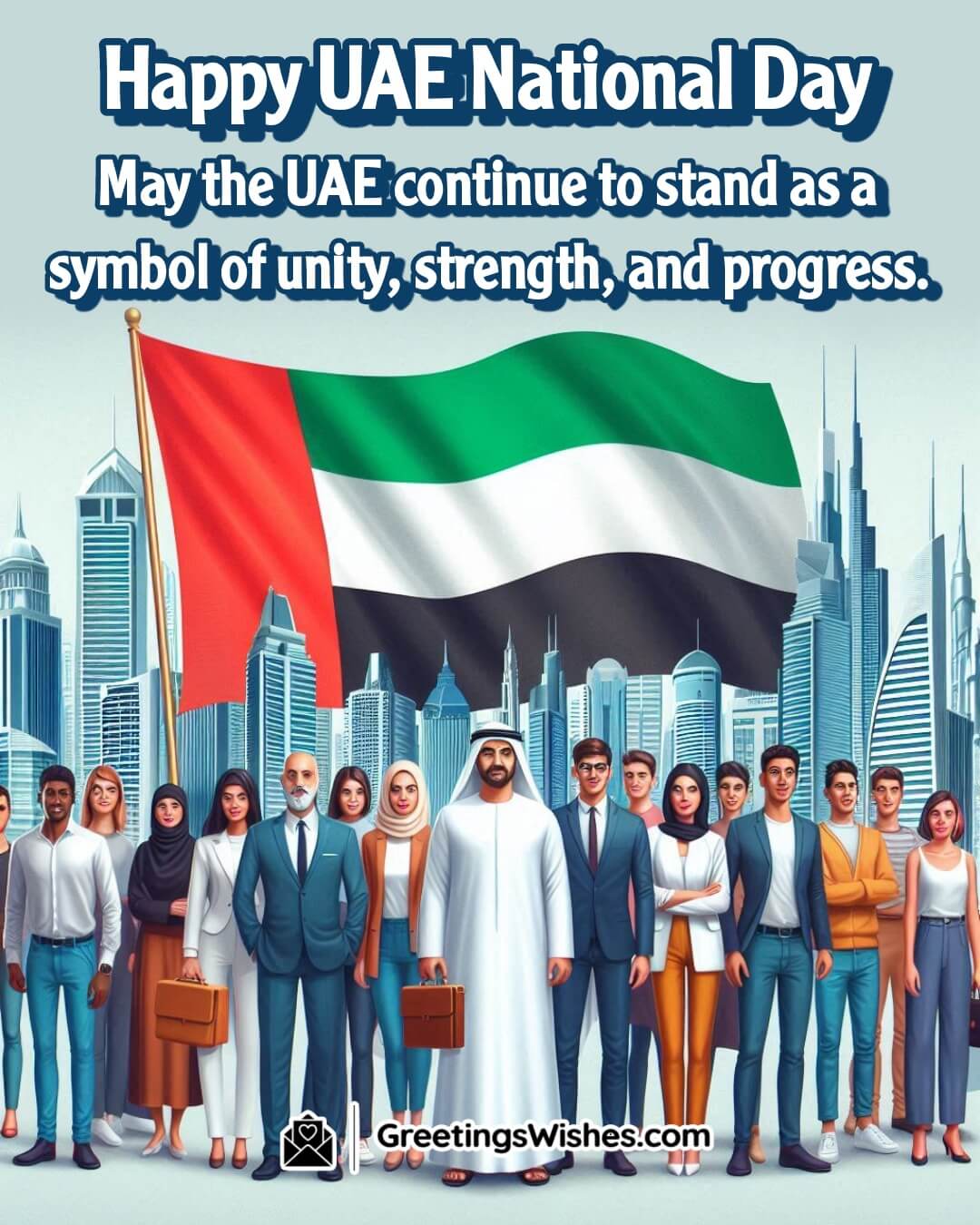 A united group of people with the UAE flag, symbolizing unity, strength, and progress.