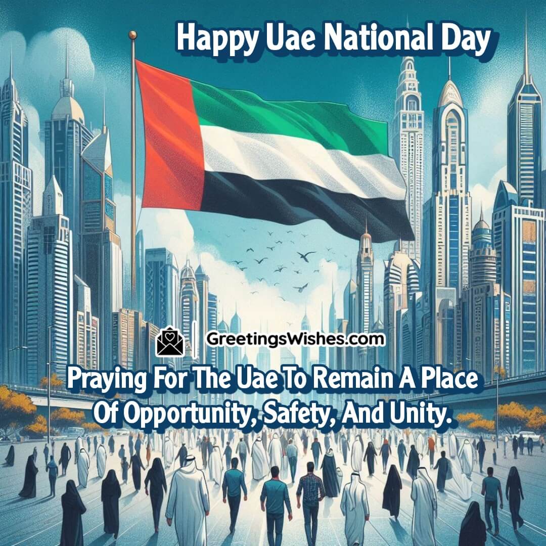 A view of a bustling city with people walking together under the UAE flag. Leave space between the people and the flag for text.