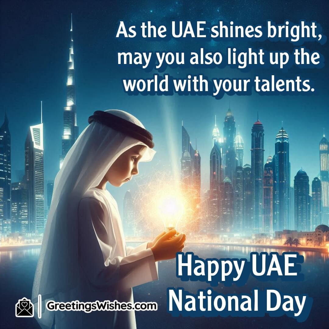 A young child holding a glowing light with the UAE skyline, symbolizing brilliance and talent.