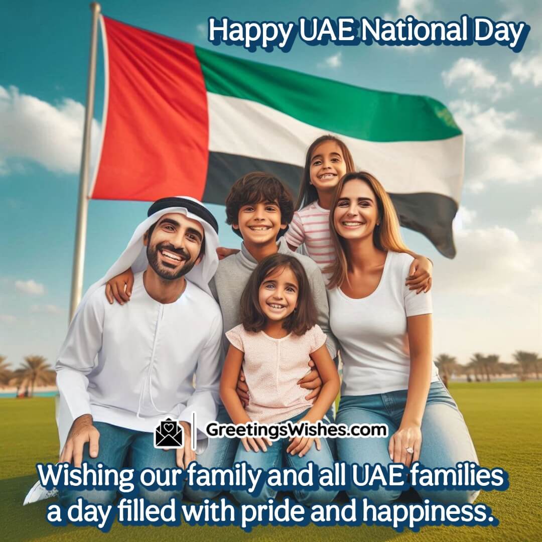A happy family under the UAE flag, celebrating National Day with pride and joy.