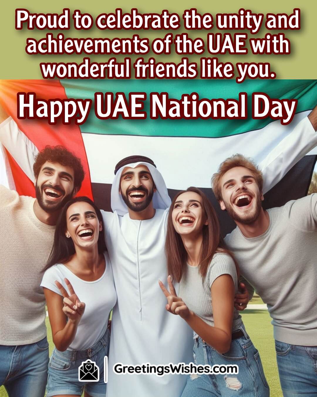 A group of friends celebrating unity and achievement under the UAE flag on National Day.