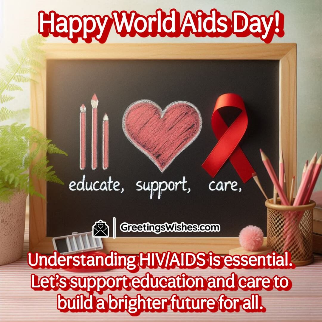 A heart and red ribbon on a chalkboard, representing the importance of education and care for HIV/AIDS.