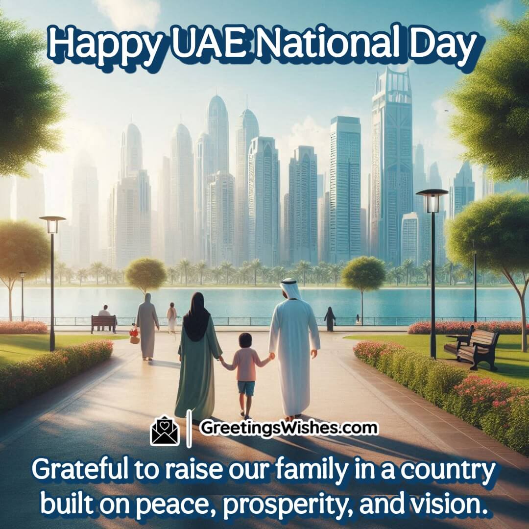 A family in a UAE park with the skyline and a peaceful atmosphere, symbolizing prosperity and peace.
