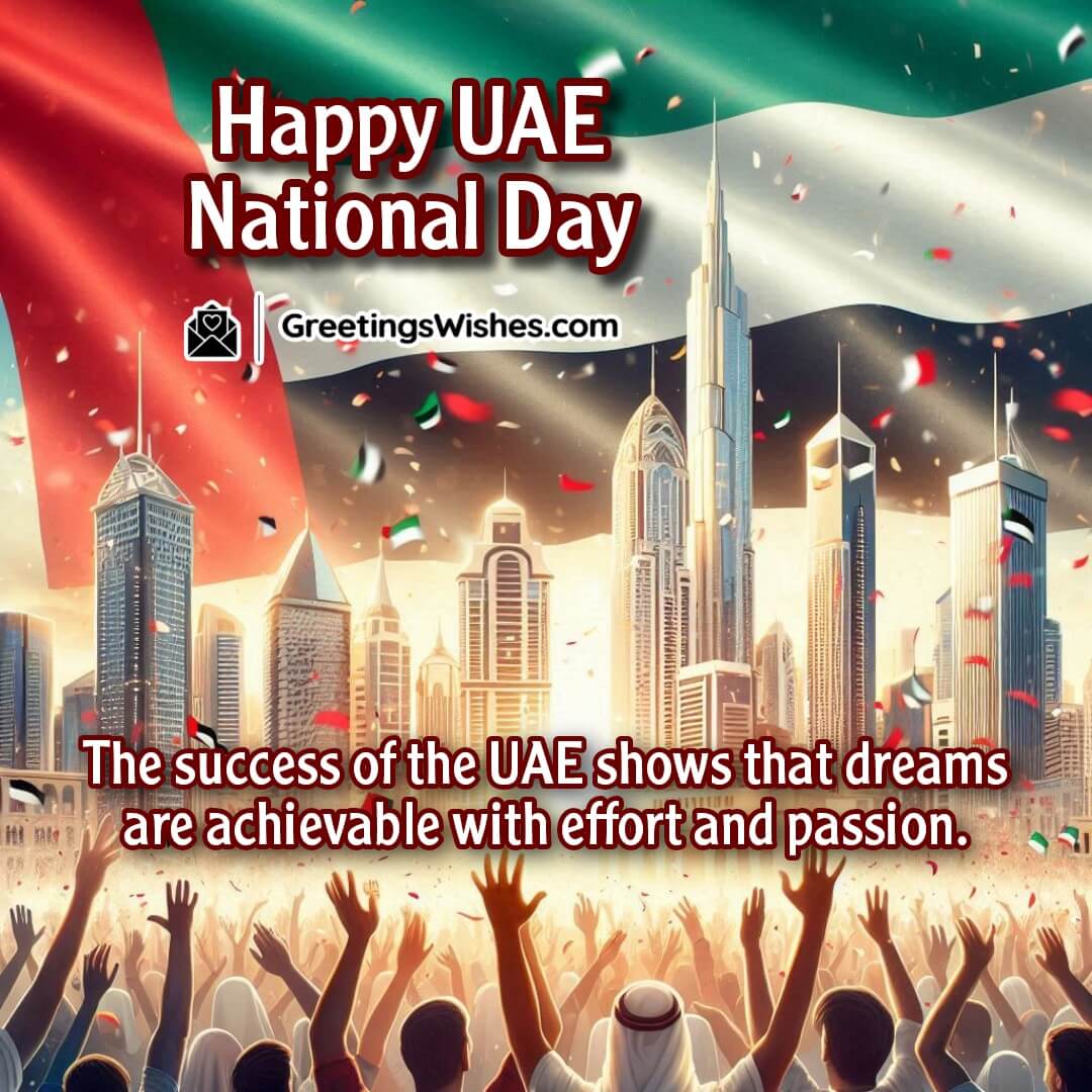People celebrating UAE National Day with the flag, symbolizing the achievement of dreams through effort and passion.