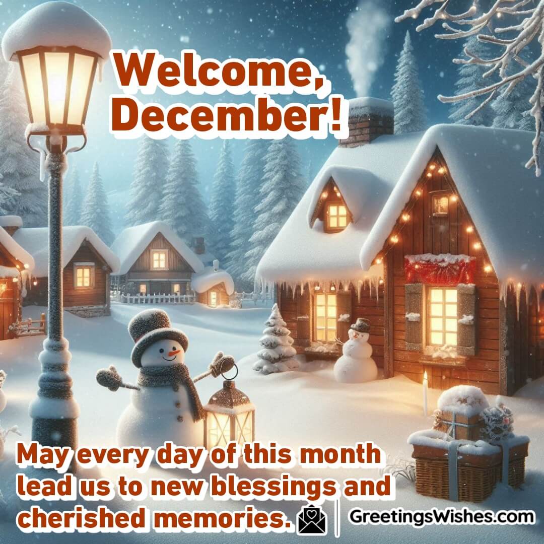 A peaceful winter village scene with snow-covered cottages and a glowing lantern, symbolizing December blessings.