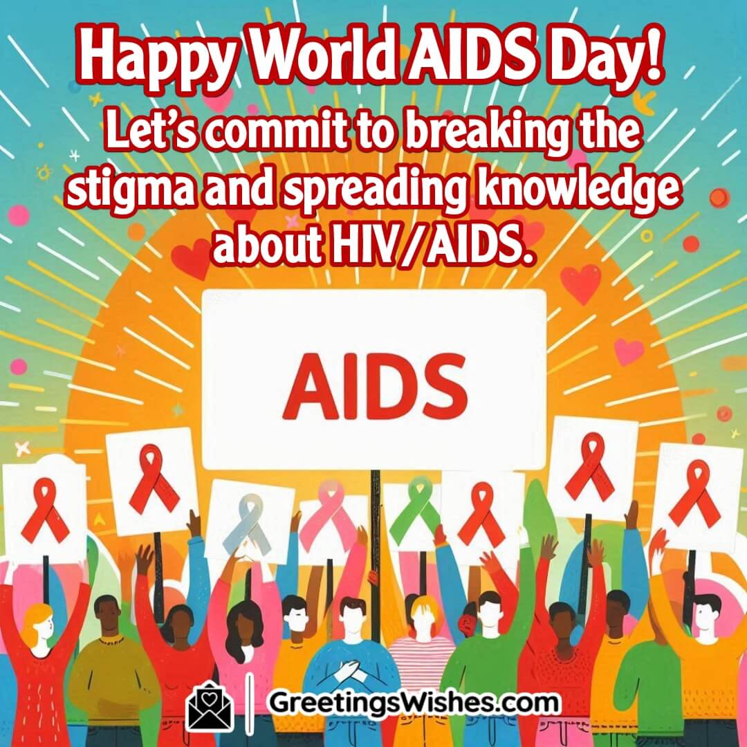 A diverse group raising awareness for HIV/AIDS with messages of support and knowledge.