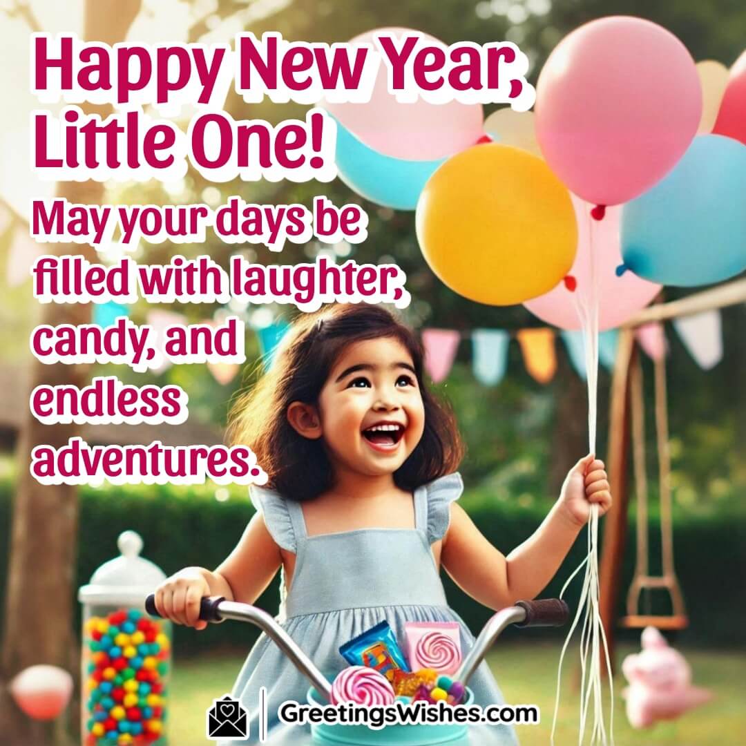 A joyful child playing in a park with balloons and candy, symbolizing happiness and adventures for the New Year.