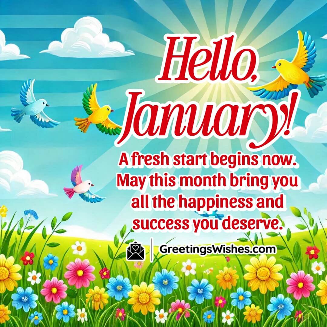 A vibrant landscape with sunny skies and blooming flowers, symbolizing new beginnings in January.