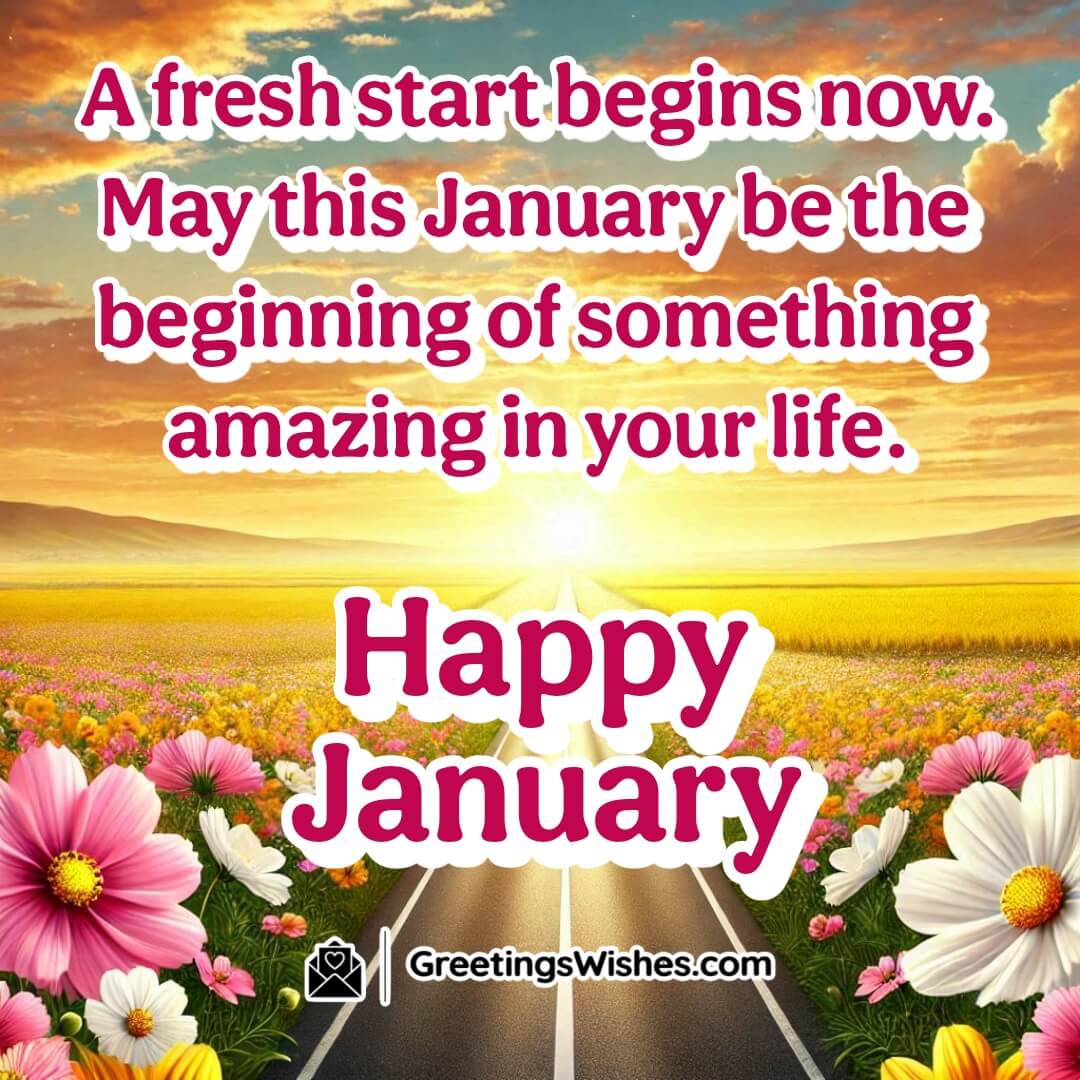 A vibrant scene of an open road with blooming flowers, symbolizing the fresh start and exciting opportunities of January.