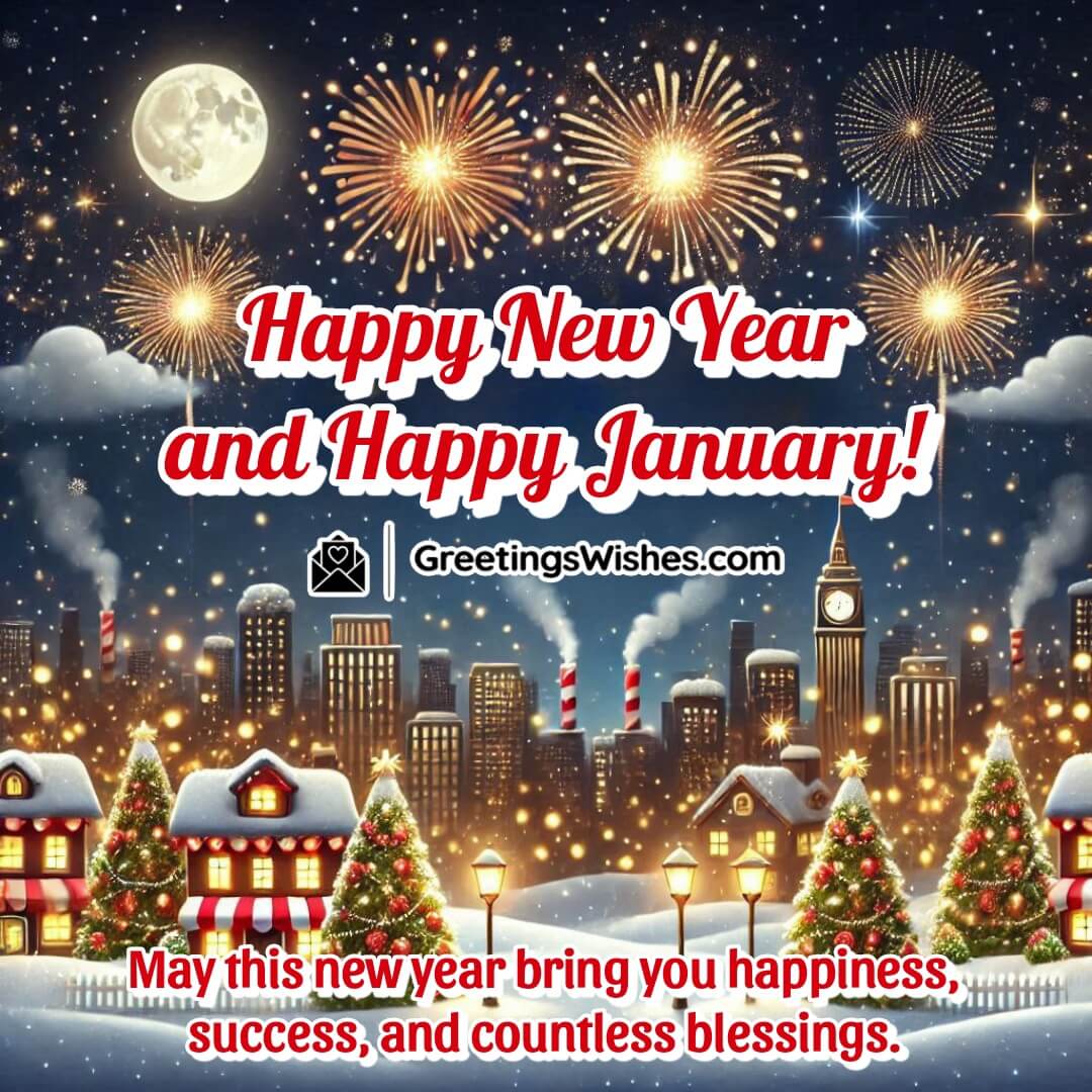 A joyful New Year scene with fireworks, city lights, and New Year text.