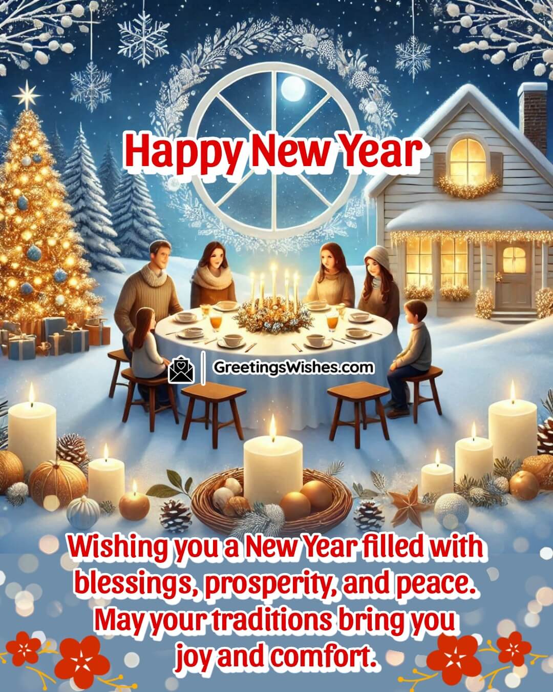 A peaceful family scene around a dinner table, symbolizing blessings, peace, and New Year traditions.
