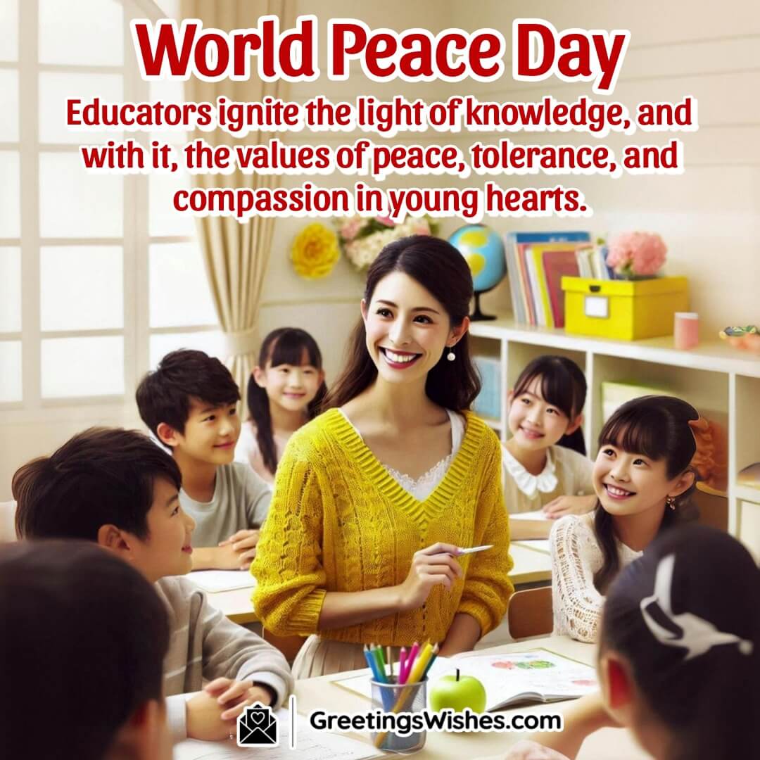 A teacher engaging students in a bright classroom, symbolizing the role of educators in fostering peace and compassion.