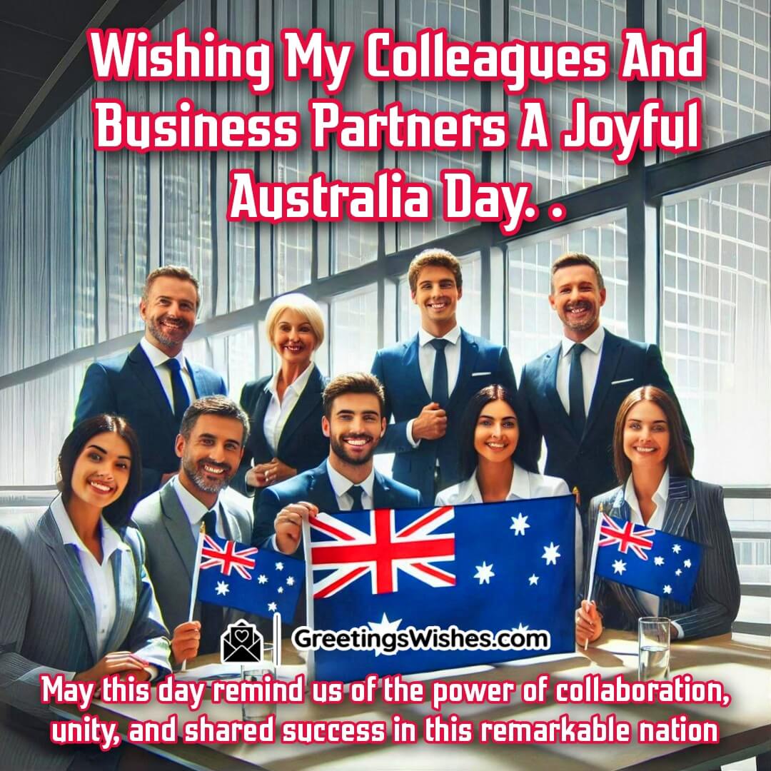 Australia Day Wishes For Colleagues on the background with Colleagues in an office holding Australian flags, celebrating unity and success on Australia Day.