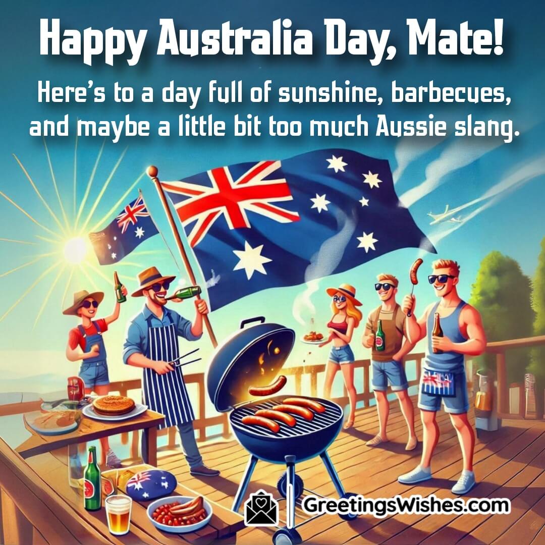 A backyard barbecue with Australian flags, celebrating Australia Day with food and fun picture with Funny Australia Day Wish For Friends
