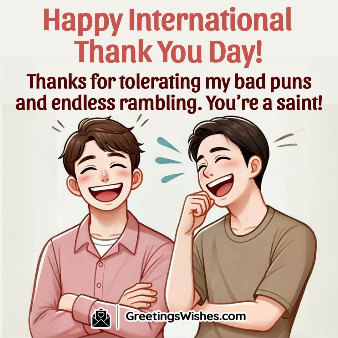 Cartoon of two laughing people with humorous pun-filled speech bubbles, reflecting gratitude with humor.