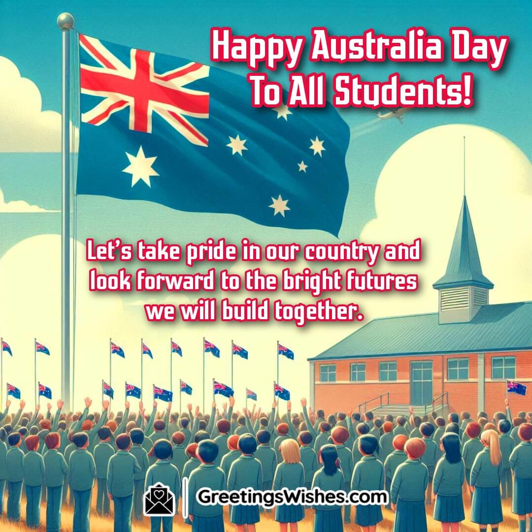 A students holding Australian flags and a large flag on the pole, celebrating Australia Day with pride. 