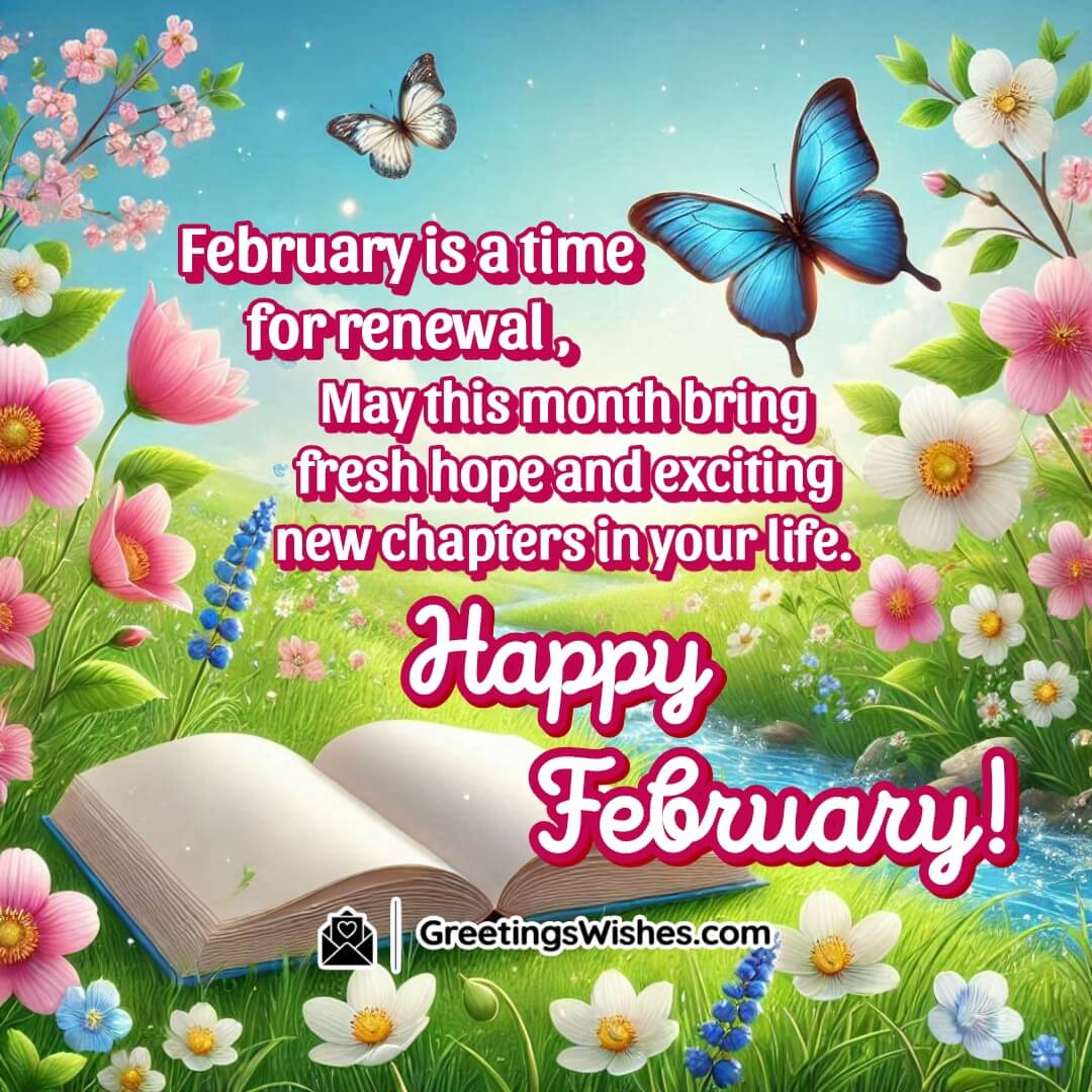 A spring meadow with flowers, butterflies, and an open book, symbolizing renewal in February background including New Beginnings In February Wishes