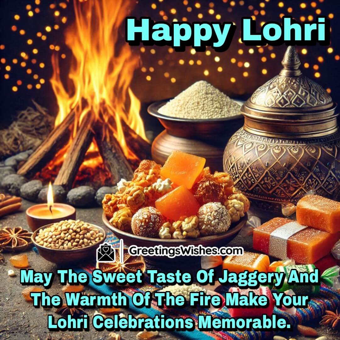 Traditional Lohri treats near a glowing bonfire, symbolising sweet and memorable celebrations.