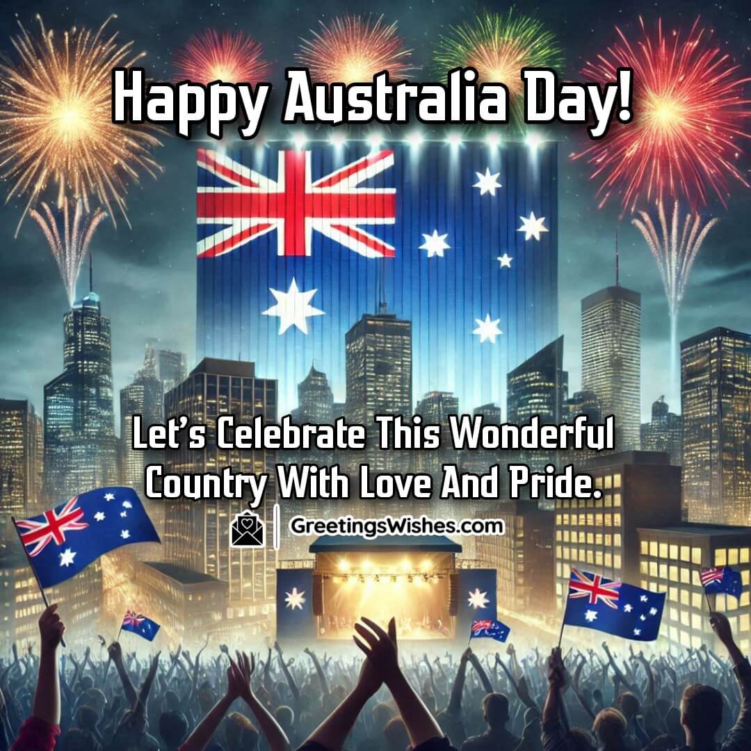 A festive cityscape with fireworks and an Australian flag, celebrating Australia Day with pride background including Short And Sweet Australia Day Message