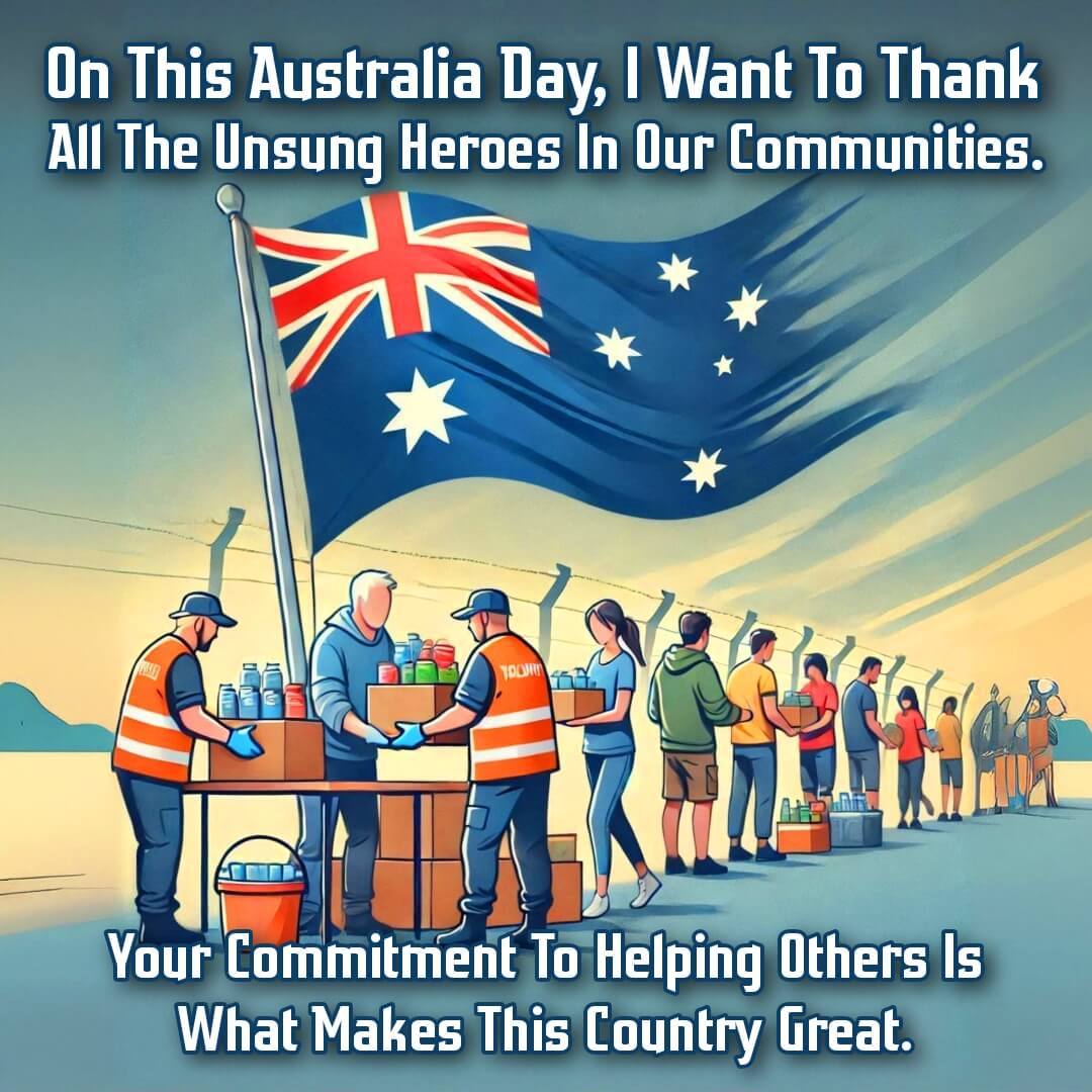 Thank You Australia Day text For Community Heroe on the background shows Community volunteers helping others with Australian flags displayed, celebrating the spirit of Australia Day.