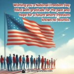 A waving American flag with a diverse group of people standing together, symbolizing unity and hope.