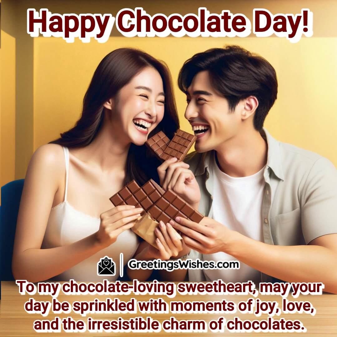 A background of a couple playfully sharing chocolates with joy, with the text Playful Chocolate Day Wish for Sweetheart