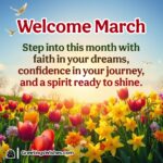 A vibrant spring morning with blooming flowers and a golden sunrise, symbolizing a fresh start for March.