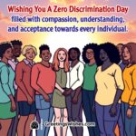A diverse group of people standing together under a bright sunrise, symbolizing unity, compassion, and acceptance on Zero Discrimination Day.