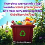 A bright and eco-friendly scene on Global Recycling Day, featuring a recycling bin and lush greenery.