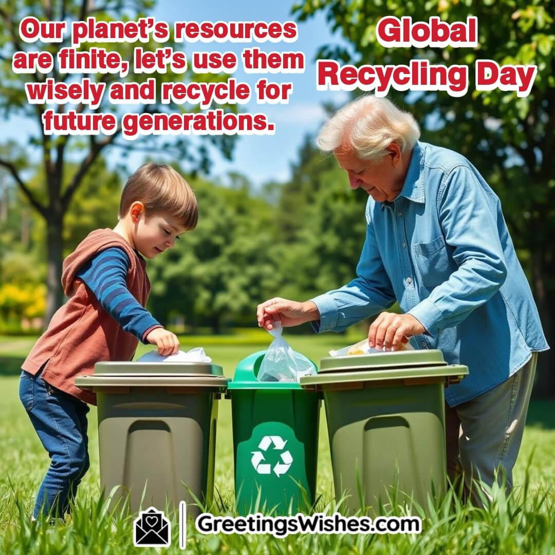 A child and an elderly person recycling together on Global Recycling Day, symbolizing sustainability for future generations.