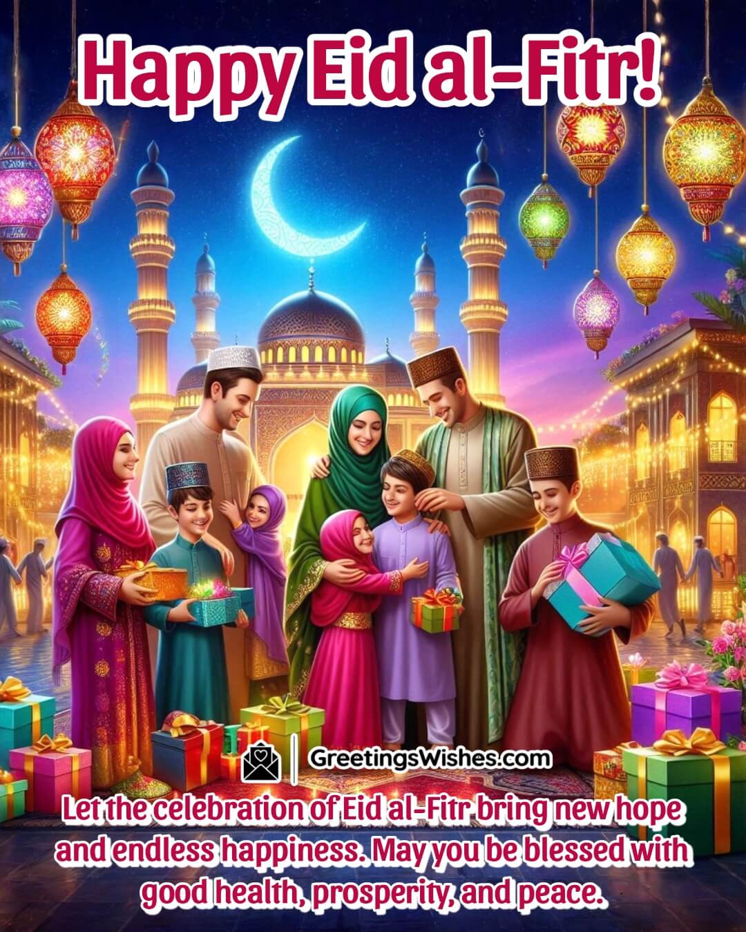 Eid al-Fitr celebration with families, lanterns, and a mosque, symbolizing hope and happiness.