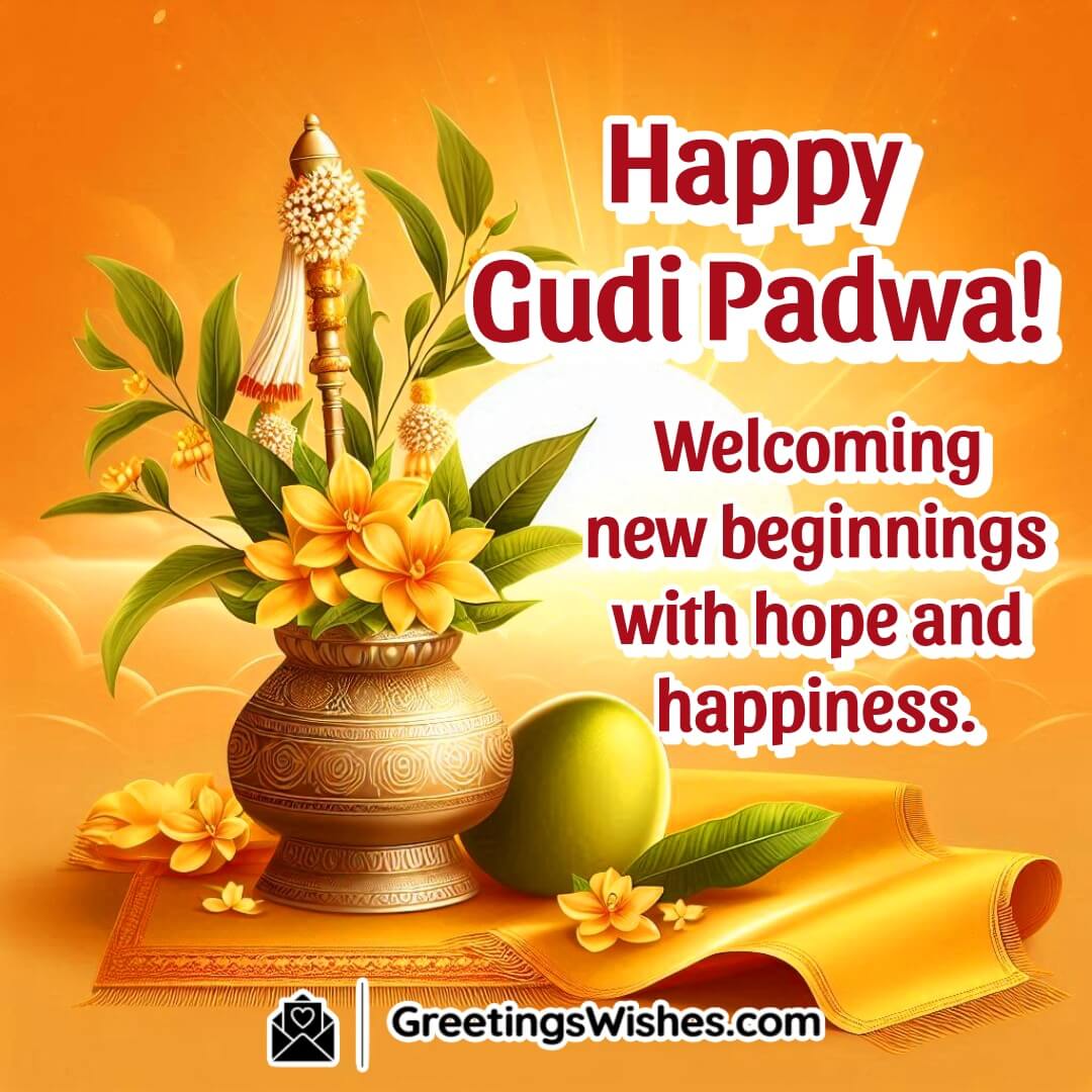 Gudi Padwa festival image with a traditional Gudi, symbolizing new beginnings, hope, and happiness.