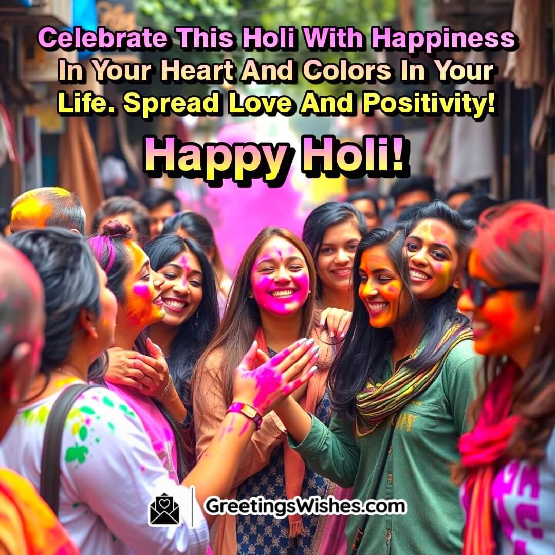 People celebrating Holi with bright colors and warm smiles, symbolizing love, positivity, and joy.