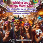 A vibrant Mardi Gras celebration symbolizing joy, laughter, and unforgettable moments, with people in colorful masks and beads dancing in the streets.