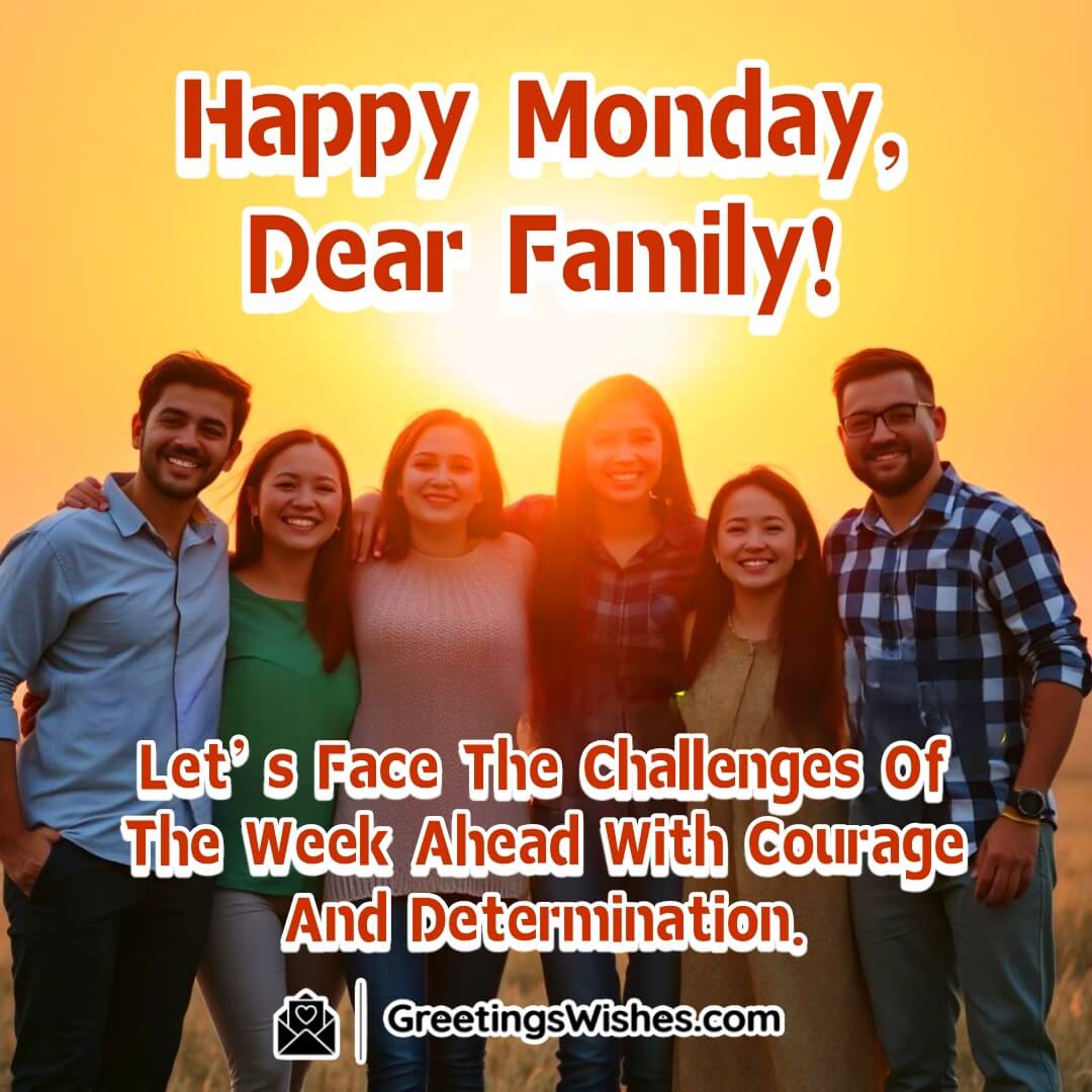 A family standing together under a golden Monday sunrise, symbolizing unity, courage, and determination.