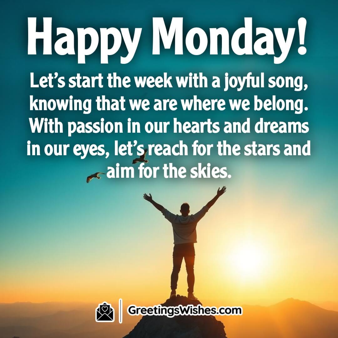 A person standing on a mountain peak at sunrise, symbolizing joy, ambition, and positivity for a new week.