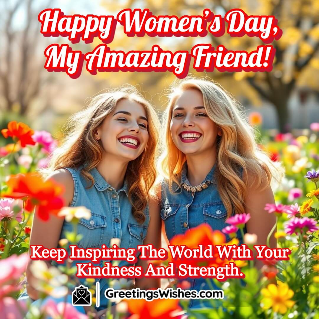 Two best friends laughing together in a vibrant spring garden, symbolizing friendship, strength, and the spirit of Women’s Day.