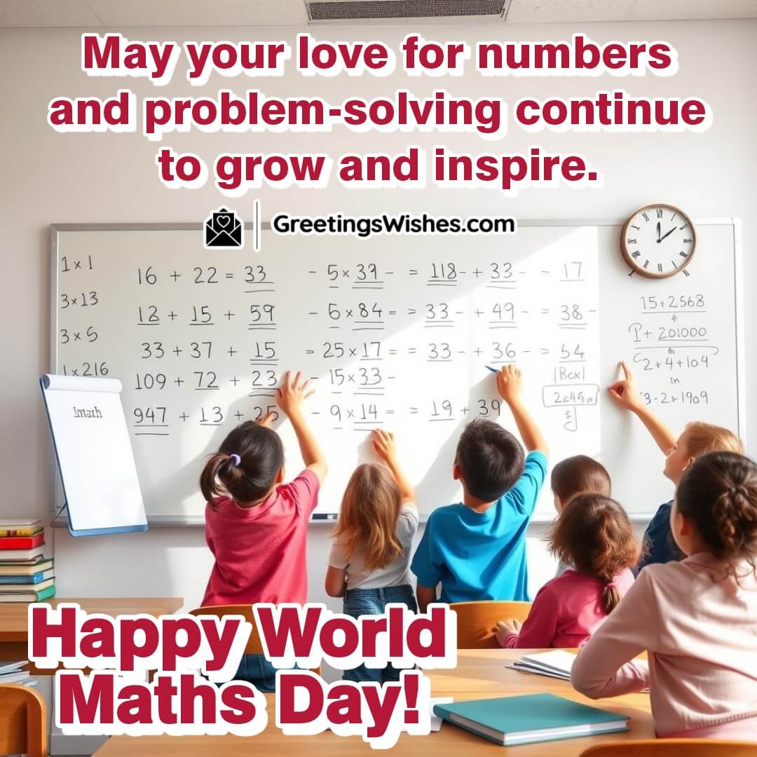 Students solving math problems on a whiteboard, celebrating World Maths Day with enthusiasm.