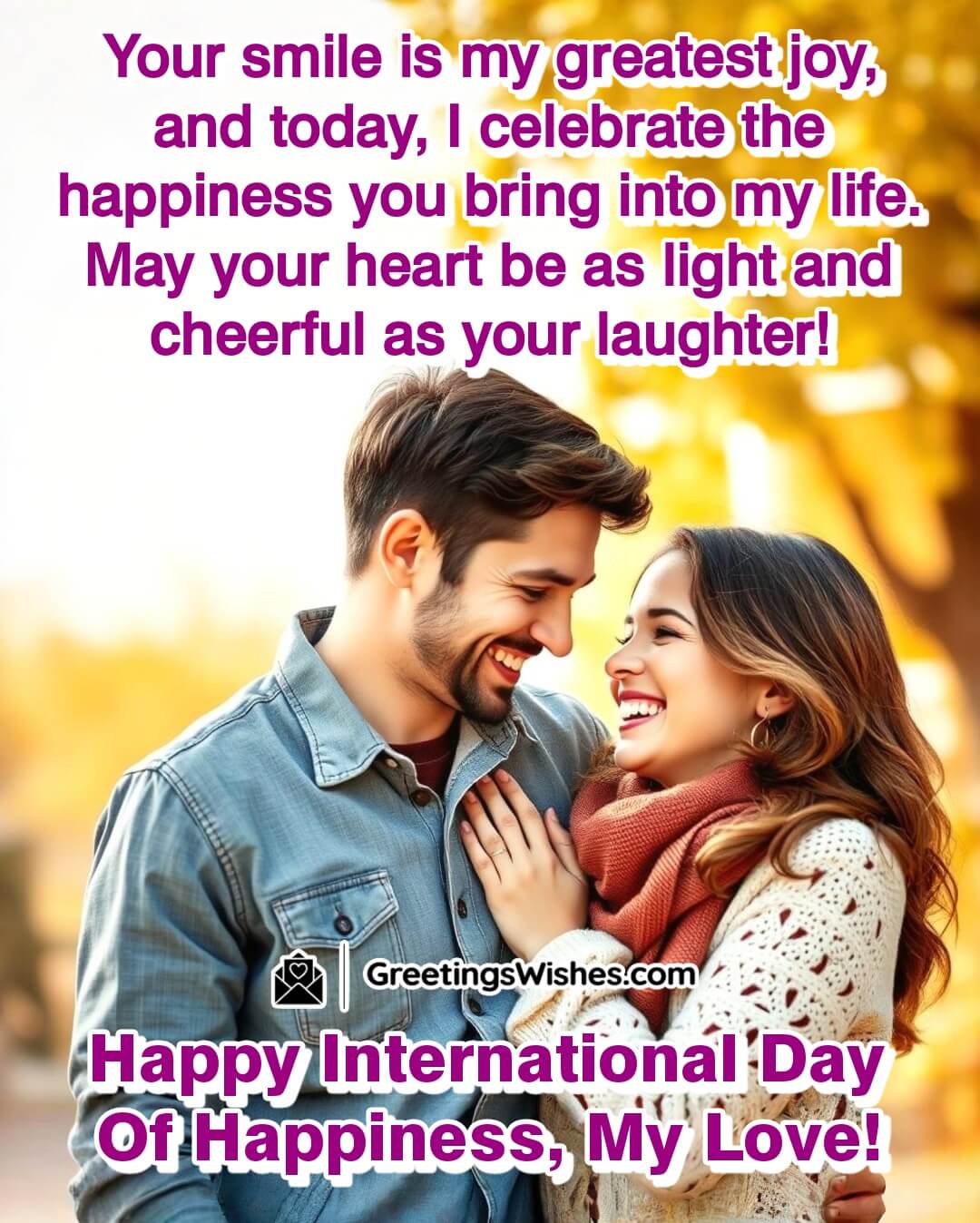 A happy couple sharing a joyful moment together, celebrating love on International Day of Happiness.