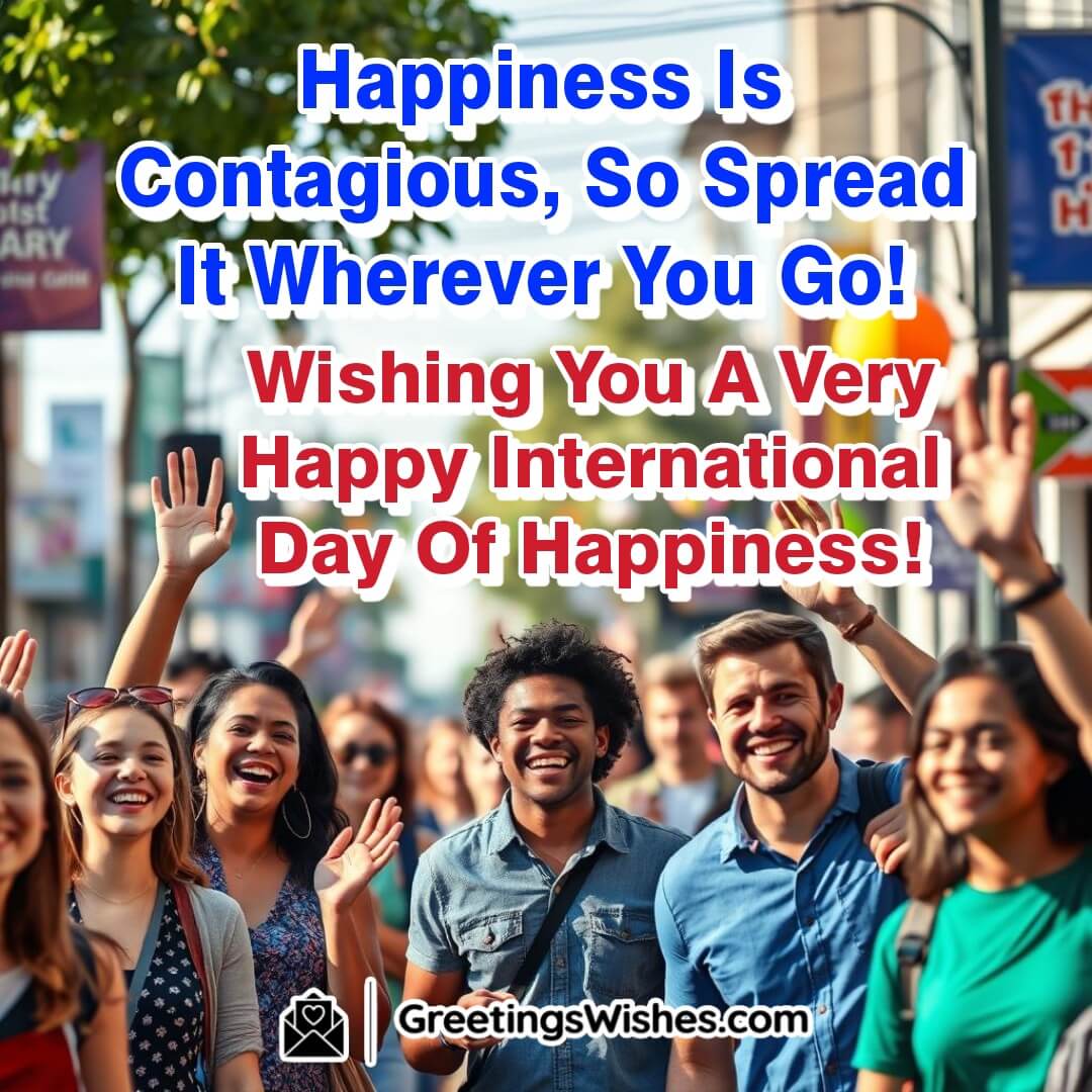People smiling and interacting joyfully on the street, spreading happiness on International Day of Happiness.