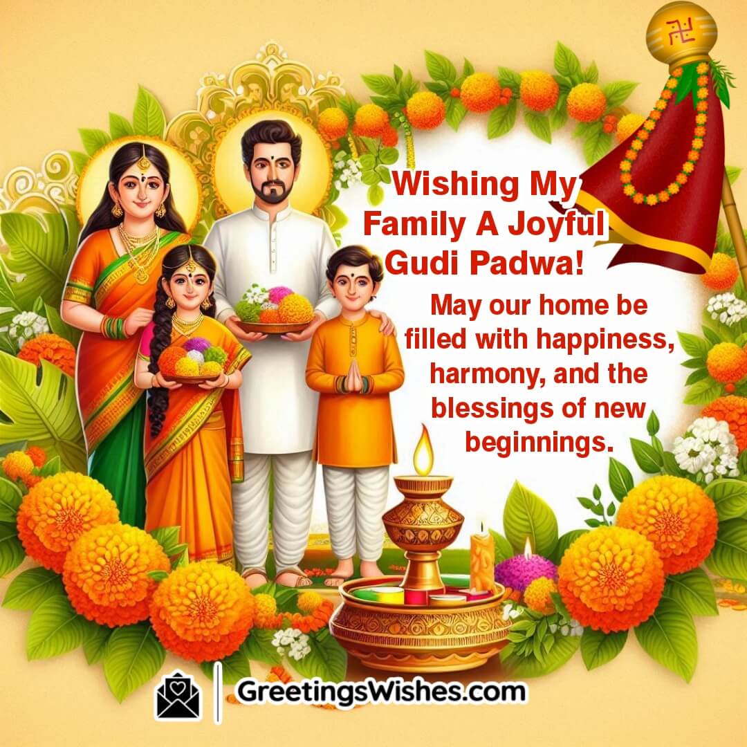Gudi Padwa family celebration image with a traditional Gudi symbolizing happiness and harmony.